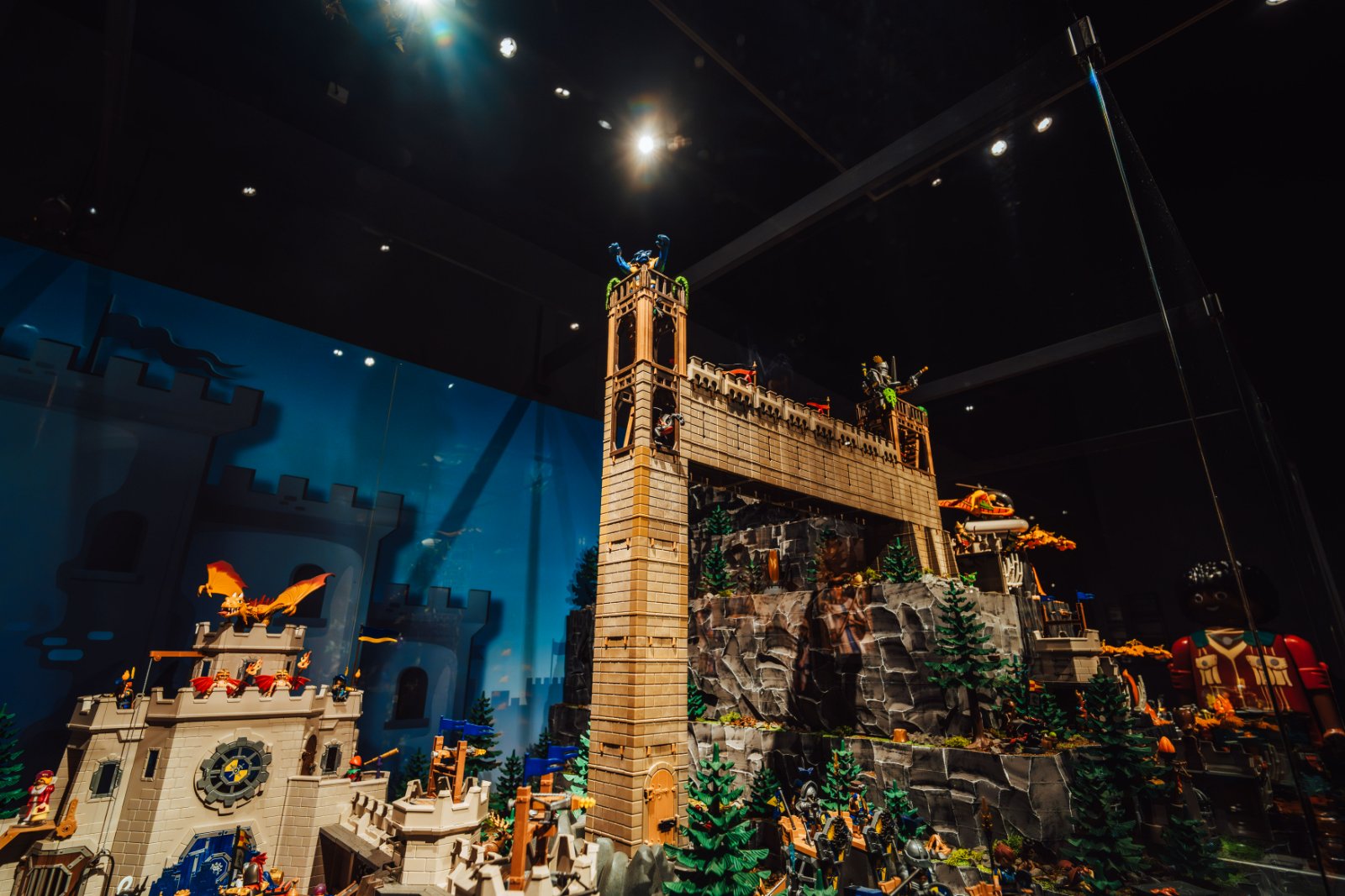 Knights' castle with a tall tower, knights and dragons